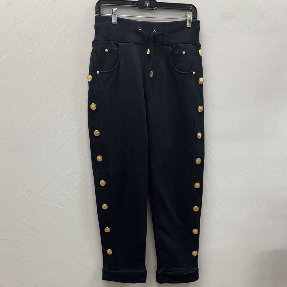 Black Balmain Boyfriend Fit Joggers with Gold Button Accents